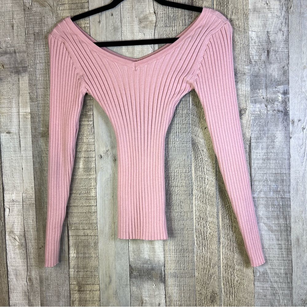 XS Ribbed V-Neck Front & V-Neck Back Cropped Knit Long Sleeve Sweater Top